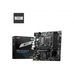 MSI PRO B760M-P, Socket 1700, Intel® B760 (14/13/12th Gen CPU), CPU graphics, VGA, HDMI, DP, Dual 4xDDR5-6800, 1xPCIe X16 4.0, 4xSATA3, RAID, 2xM.2 4.0, 2xPCIe X1, ALC897 7.1 HDA, 2.5GbE LAN, 1xUSB-C 3.2Gen2, 3xUSB3.2, LPT+COM-port Header, RGB Led, mATX