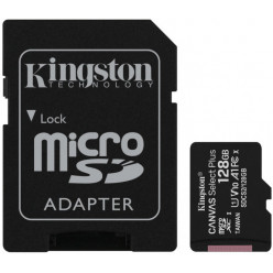 128GB microSD Class10 A1 UHS-I U1 (V10) + SD adapter  Kingston Canvas Select Plus, 600x, Up to: 100MB/s