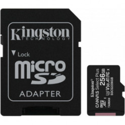 256GB microSD Class10 A1 UHS-I U3 (V30) + SD adapter  Kingston Canvas Select Plus, 600x, Up to: 100MB/s