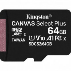 64GB microSD Class10 A1 UHS-I U1 (V10)  Kingston Canvas Select Plus, 600x, Up to: 100MB/s