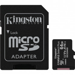 64GB microSD Class10 A1 UHS-I U1 (V10) + SD adapter  Kingston Canvas Select Plus, 600x, Up to: 100MB/s