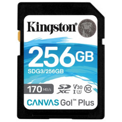 256GB SD Class10 UHS-I U3 (V30)  Kingston Canvas Go! Plus, Read: 170MB/s, Write: 70MB/s, Ideal for DSLRs/Drones/Action cameras