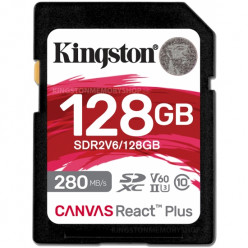 128GB SD Class10 UHS-II U3 (V60)  Kingston Canvas React Plus V60, Ultimate, Read: 280Mb/s, Write: 100Mb/s, Capture 4K Ultra-HD high-speed shots without dropping frames