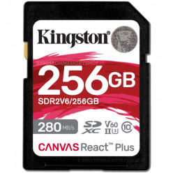 256GB SD Class10 UHS-II U3 (V60)  Kingston Canvas React Plus V60, Ultimate, Read: 280Mb/s, Write: 100Mb/s, Capture 4K Ultra-HD high-speed shots without dropping frames