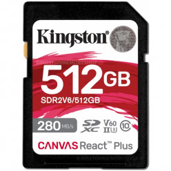 512GB SD Class10 UHS-II U3 (V60)  Kingston Canvas React Plus V60, Ultimate, Read: 280Mb/s, Write: 100Mb/s, Capture 4K Ultra-HD high-speed shots without dropping frames