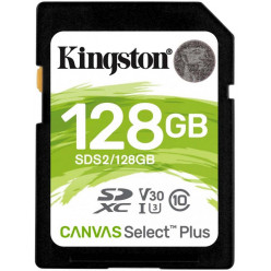 128GB SD Class10 UHS-I U1 (V10)  Kingston Canvas Select Plus, Read: 100MB/s. Write: 85MB/s