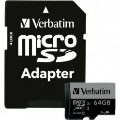 64GB microSD Class10 U3 UHS-I V30 + SD Adapter  Verbatim Pro U3 microSDXC, 600x, Read up to: 90MB/s, Write up to: 45MB/s