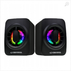 Speakers 2.0  Esperanza Sakara EGS104, 5W (2 x 2.5W), LED Rainbow lighting, Volume control, built in amplifier, Power supply: 5V, They require: USB and mini-jack 3.5mm headphone output, Cable length: 1.2m, Weight: 310g