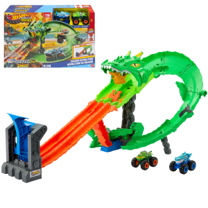 Set de joacă Hot Wheels „Demolarea Dragonului” cu 2 mașini Monster Trucks 1:64 Set de joacă Hot Wheels „Demolarea Dragonului” cu 2 mașini Monster Trucks 1:64