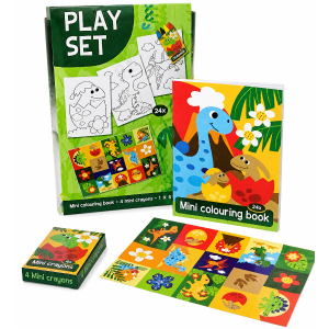 Set creativ „Dinozauri” cu carte de colorat, stickere și creioane cerate Set creativ „Dinozauri” cu carte de colorat, stickere și creioane cerate