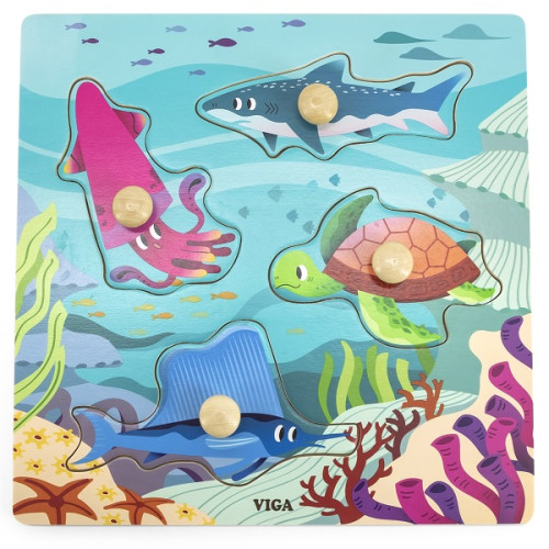 Puzzle din lemn cu buton „Animale acvatice” Puzzle din lemn cu buton „Animale acvatice”