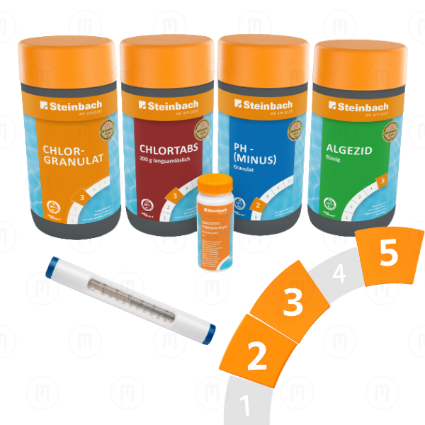 Starter Set: термометр, тест-полоски, гранулы pH — минус, хлорные гранулы, хлорные таблетки 200 г, жидкость для борьбы с водорослями