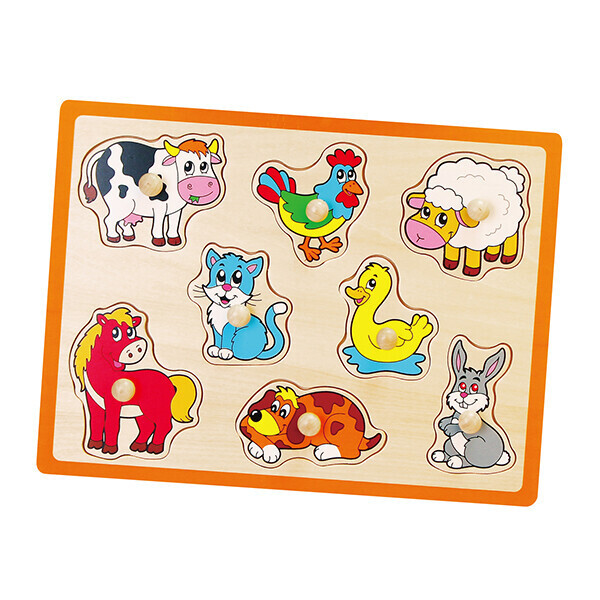 Puzzle din lemn cu buton „Animalele de la fermă” 8 elem. Puzzle din lemn cu buton „Animalele de la fermă” 8 elem.