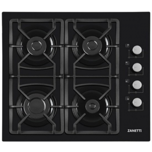 Aragaz Zanetti ECO 1140 BLACK4 arzatoare pe gaz. Grătar din fontă. Panoul de control din dreapta. Aprindere electrică. Sticlă călită. Negru