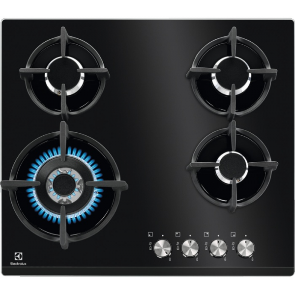 Arzatoare aragaz Electrolux KGG6437K4. Controlul gazelor. Grătar din fontă. Panou de control în față. Aprindere electrică. Sticlă călită. Negru