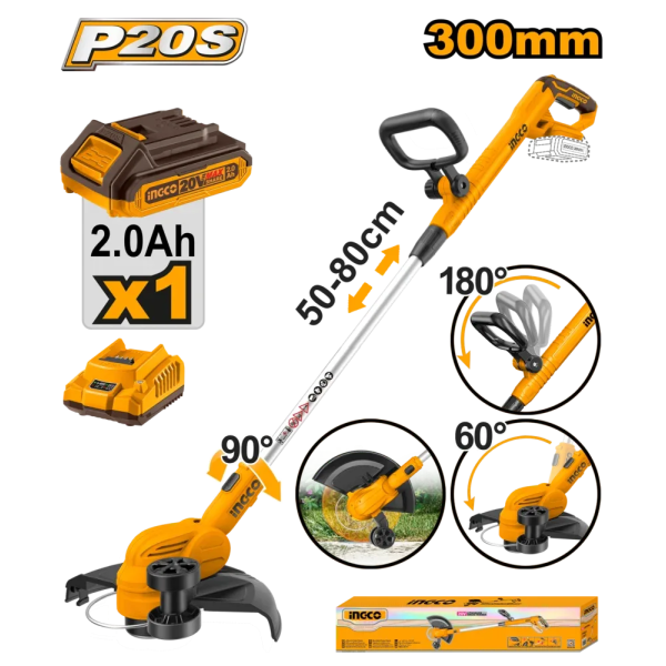 Триммер Аккумуляторный Li-Ion 20V/1*2A INGCO CGTLI203285