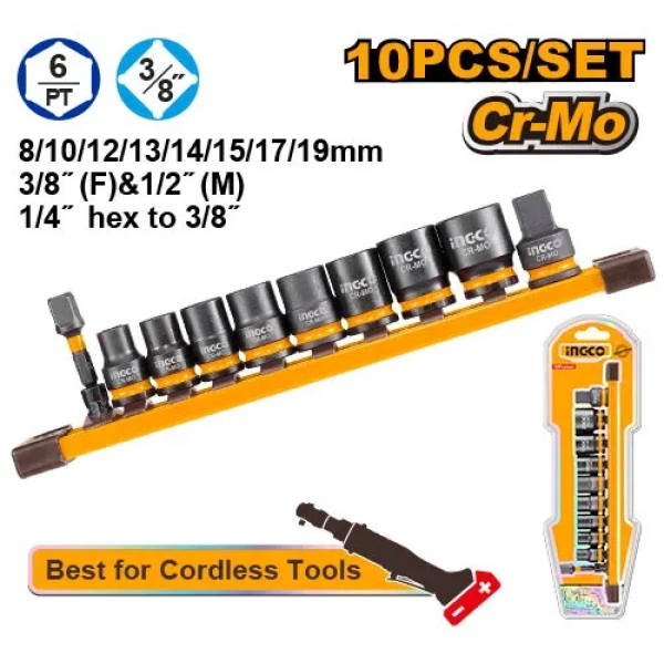 Set cap cheie tubulara 8-19mm 3/8” impact lung 10buc. INGCO HKISSD38104