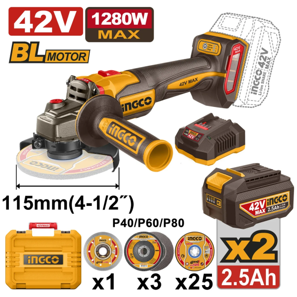 Болгарка УШМ аккумуляторная 42В/2*2.5Ач 1280W INGCO CAGLI4128112 Болгарка УШМ аккумуляторная 42В/2*2.5Ач 1280W INGCO CAGLI4128112