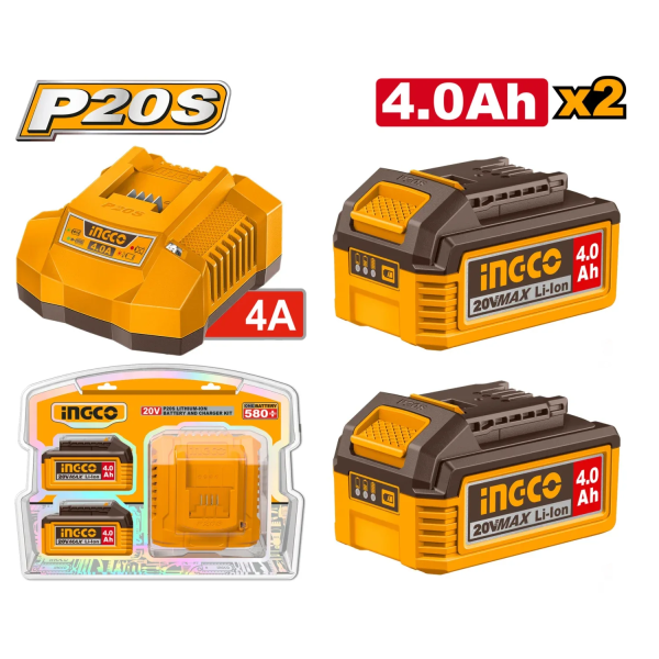 Зарядное устройство + комплект аккумуляторов 20В/2*4Ач INGCO FBCPK2013 20V/2*4Ah