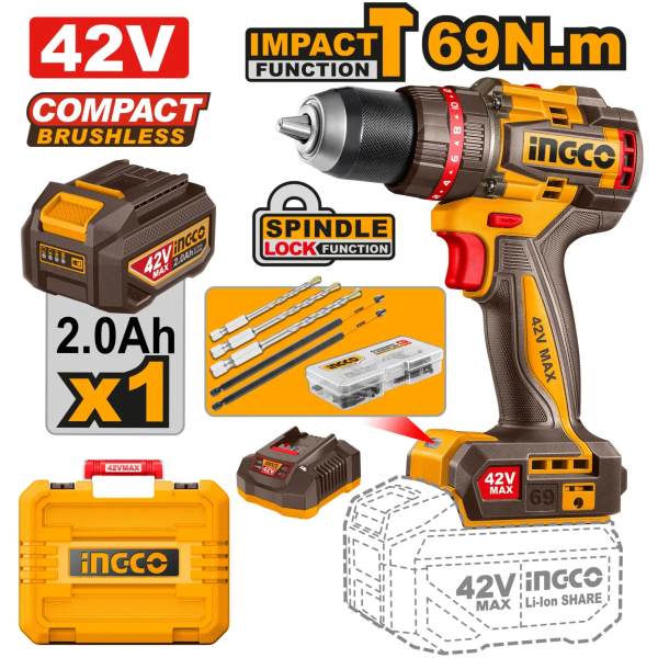 Шуруповёрт аккумуляторный ударный INGCO 69Nm 42В/1*2Ач CIDLI426981 Шуруповёрт аккумуляторный ударный INGCO 69Nm 42В/1*2Ач CIDLI426981