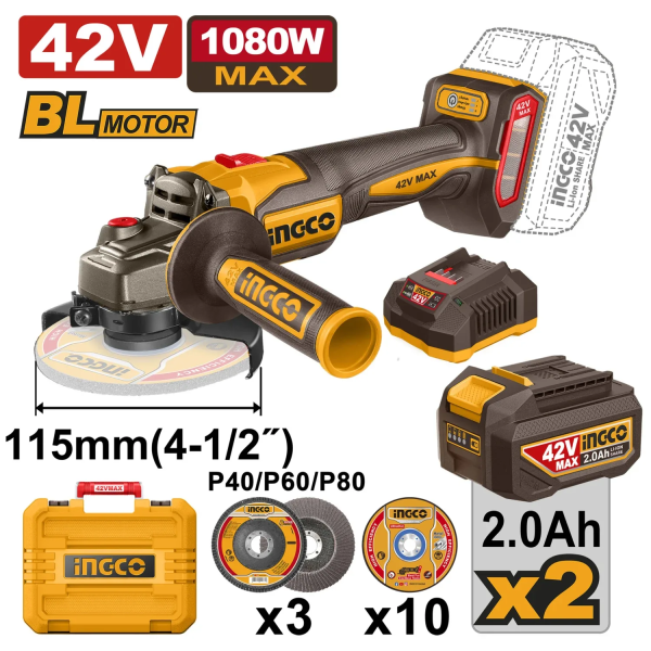 Болгарка УШМ аккумуляторная 42В/2*2.0Ач 1080W INGCO CAGLI4108112 Болгарка УШМ аккумуляторная 42В/2*2.0Ач 1080W INGCO CAGLI4108112
