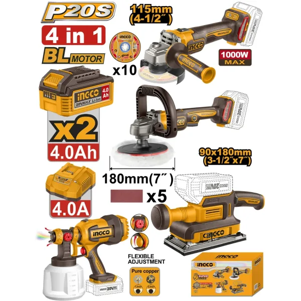 Набор из 4 аккумуляторных инструментов 2x4.0Ah INDUSTRIAL INGCO COSLI250696