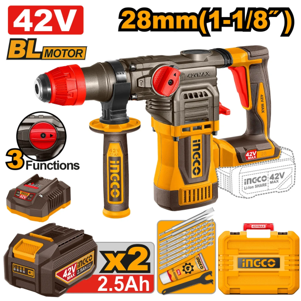 Перфоратор аккумуляторный 28mm с аккумулятором 42В INGCO CRHLI422882