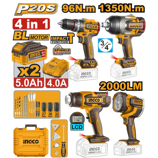 Набор из 4 аккумуляторных инструментов 2x5.0Ah INDUSTRIAL INGCO COSLI250608