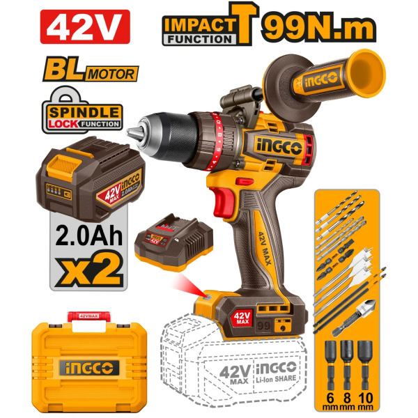Шуруповёрт аккумуляторный ударный 2x2.0Ah 99N.m INGCO CIDLI429982 Шуруповёрт аккумуляторный ударный 2x2.0Ah 99N.m INGCO CIDLI429982