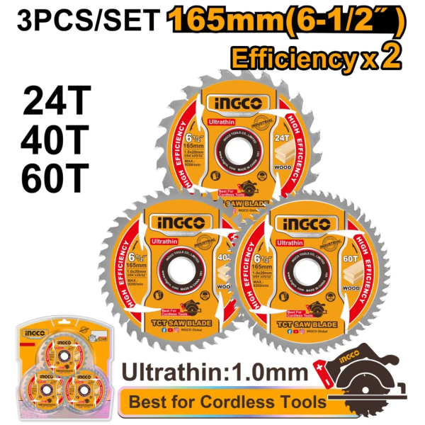 Комплект пильных дисков по дереву 165мм 24T/40T/ 60T 3шт. INGCOTSB16503