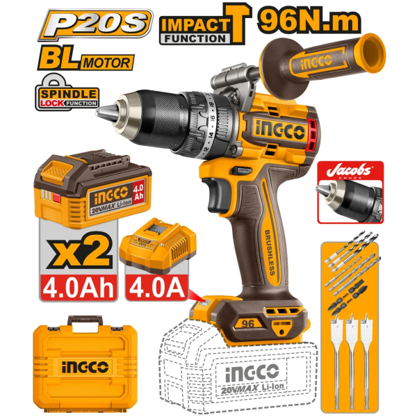 Шуруповерт акумуляторный ударный 2x4.0Ah INGCO CIDLI209686 Шуруповерт акумуляторный ударный 2x4.0Ah INGCO CIDLI209686