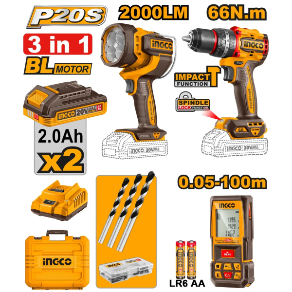 Набор из 3 аккумуляторных инструментов 2x2.0Ah INDUSTRIAL INGCO COSLI250885