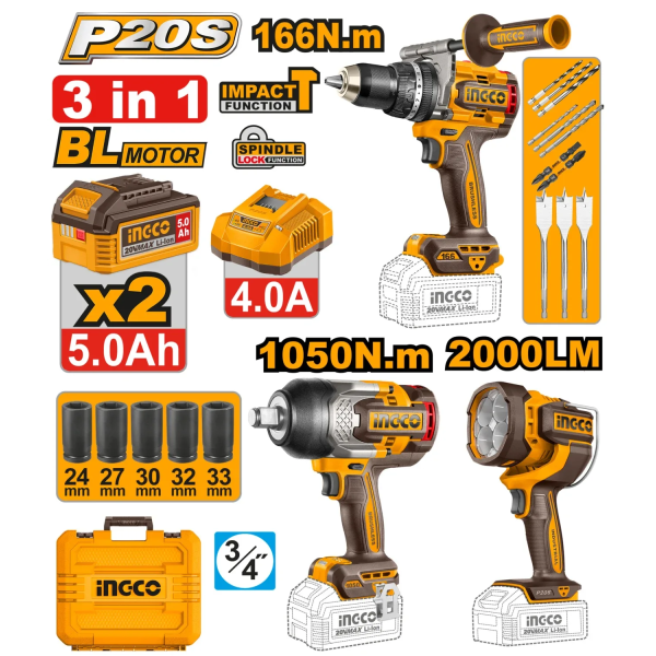 Набор из 3 аккумуляторных инструментов 2x5.0Ah INGCO COSLI250882