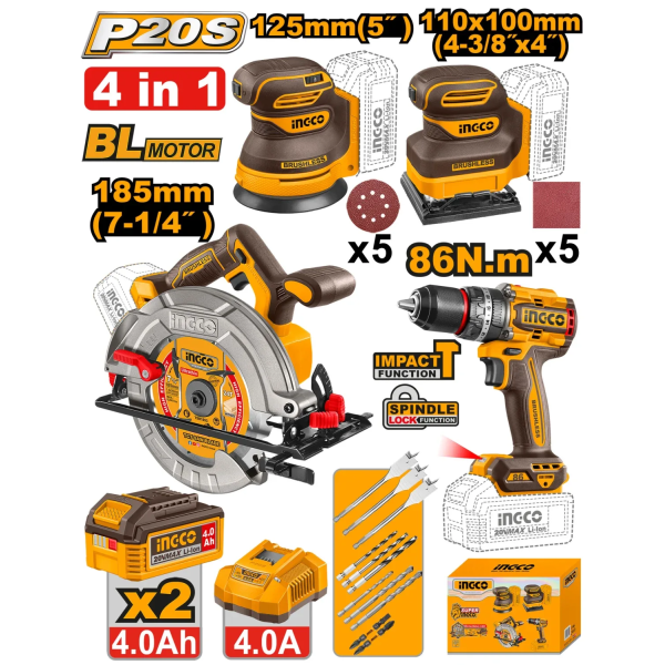 Набор из 4 аккумуляторных инструментов 2x4.0Ah INDUSTRIAL INGCO COSLI251083 Набор из 4 аккумуляторных инструментов 2x4.0Ah INDUSTRIAL INGCO COSLI251083