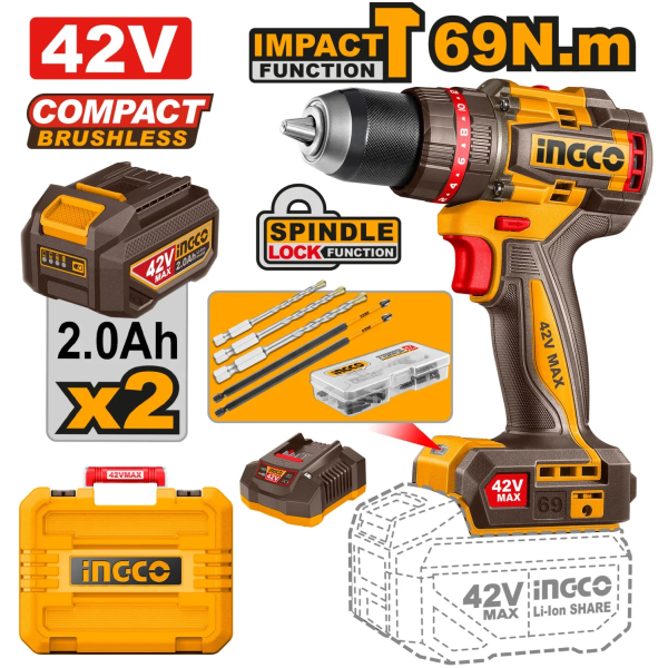 Шуруповёрт аккумуляторный 2.2.0Ah 42V 69N.m INGCO CIDLI426982 Шуруповёрт аккумуляторный 2.2.0Ah 42V 69N.m INGCO CIDLI426982