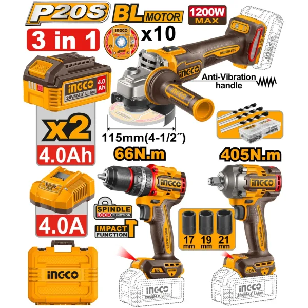 Набор из 3 инструментов на аккумуляторе 2x4.0Ah INGCO CKLI20358