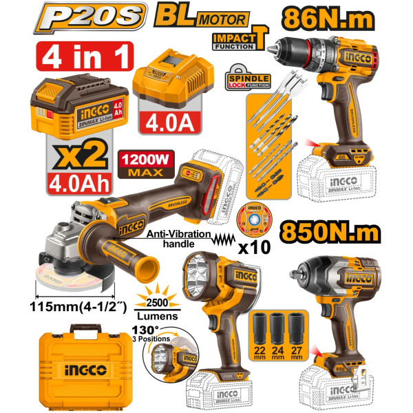 Набор из 4 аккумуляторных инструментов 2x4.0Ah INDUSTRIAL INGCO COSLI251192