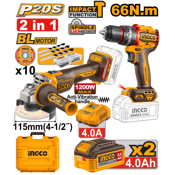 Набор из 2 аккумуляторных инструментов 2x4.0Ah INGCO CKLI20256