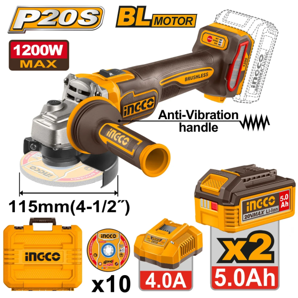 Болгарка УШМ аккумуляторная 20В/2*5Ач INGCO CAGLI2120252