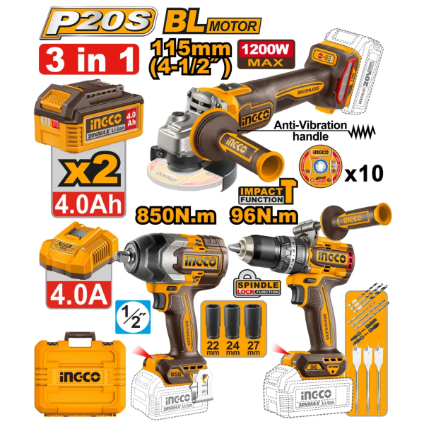 Набор из 3 аккумуляторных инструментов INGCO COSLI251292