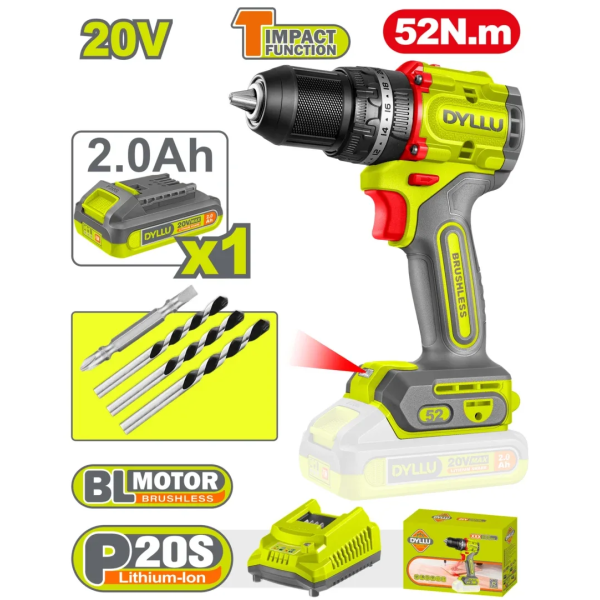 Masina de gaurit si insurubat cu acumulator 20V/1*2.0Ah 52N.m DYLLU DTCDP5282