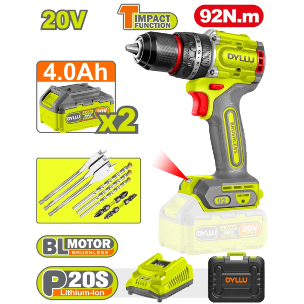 Masina de gaurit si insurubat cu acumulator 20V/2*4.0Ah 92N.m DYLLU DTCDP9281