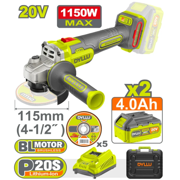 Polizor unghiular 115mm cu acumulator 20V/2*4.0Ah 1150W DYLLU DTLAPB522
