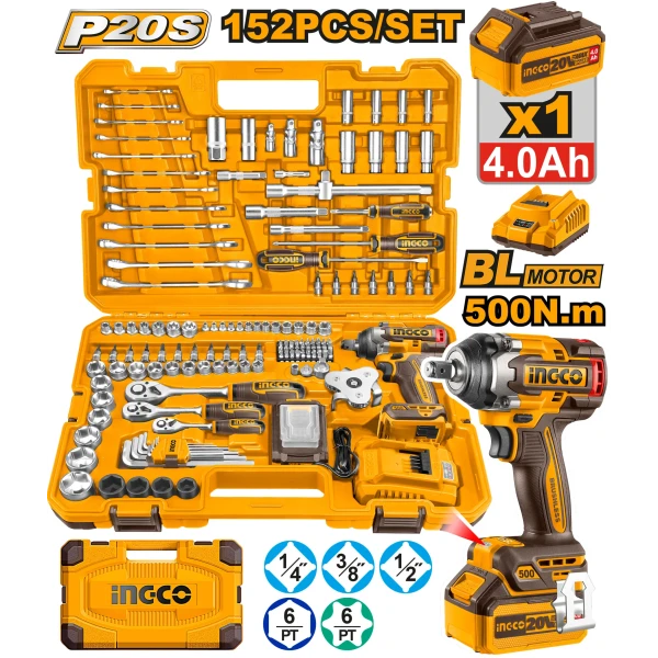 Mașină de înșurubat cu acumulator 550N.m 20V/1*4,0Ah +set chei combinate INGCO HKTHP31521