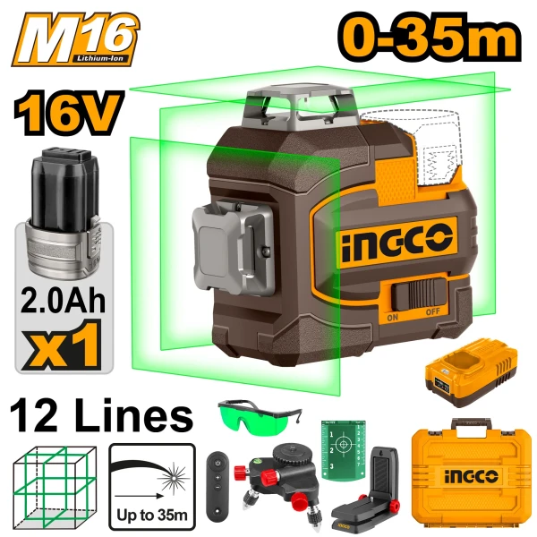 Nivela laser multi-linie 0-35m verde cu acumulator 1*2,0Ah 16V INGCO HLL301201 Nivela laser multi-linie 0-35m verde cu acumulator 1*2,0Ah 16V INGCO HLL301201