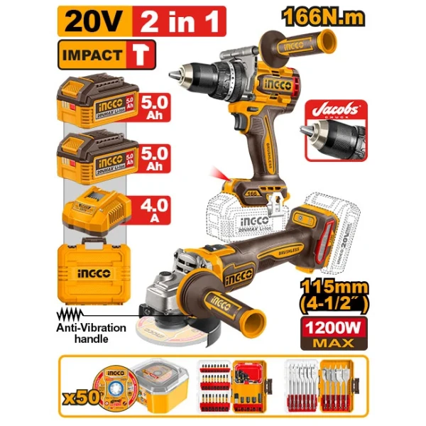 Комплект из 2 аккумуляторных инструментов 20V/2*5.0Ah INGCO COSLI260583 Комплект из 2 аккумуляторных инструментов 20V/2*5.0Ah INGCO COSLI260583