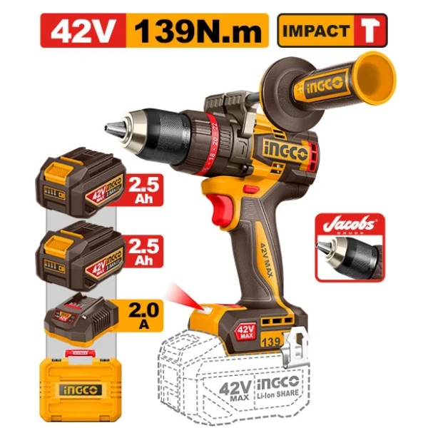 Mașină de înșurubat cu acumulator 42V/2*2.5Ah 139N.m INGCO CIDLI4213982