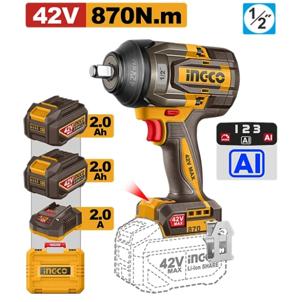 Гайковёрт аккумуляторный ударный BL motor 42В/2*2Ач 870Н.м INGCO CIWLI42862 Гайковёрт аккумуляторный ударный BL motor 42В/2*2Ач 870Н.м INGCO CIWLI42862