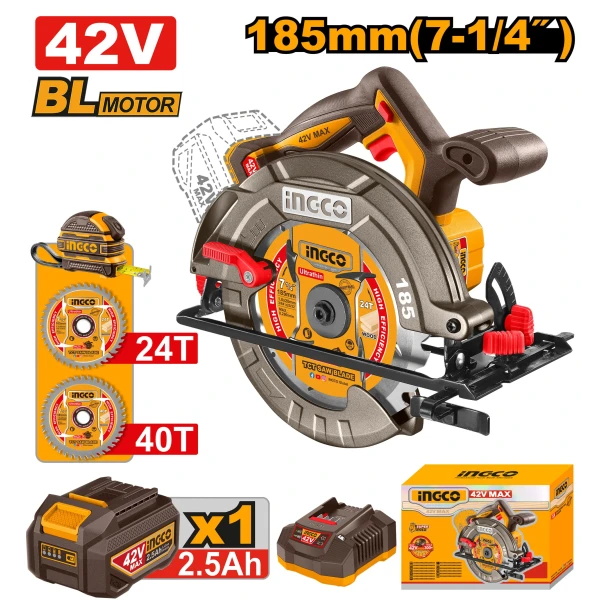 Аккумуляторная дисковая пила 42V (с бесщеточным мотором)185 мм CSLI4218511 INGCO