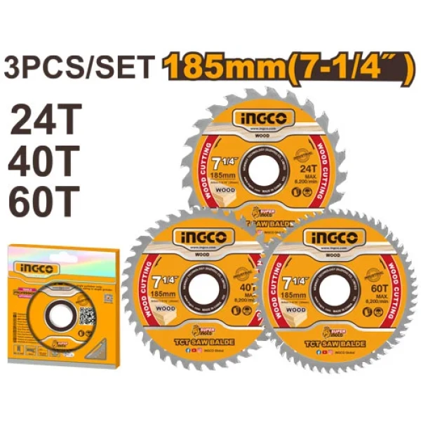 Комплект пильных дисков по дереву 185мм 24T/40T/ 60T 3шт. INGCO TSB51852153